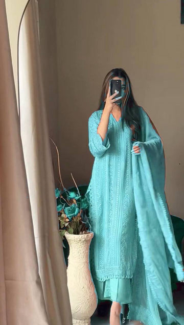 Running Wear Trending Chinin Top Cotton Thread Embroidered Work And Plazo With Dupatta