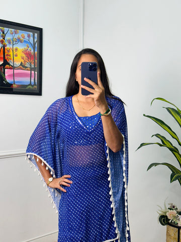 Georgette Sarara with Embroidered Sequin Blouse & Printed Shrug (Blue)