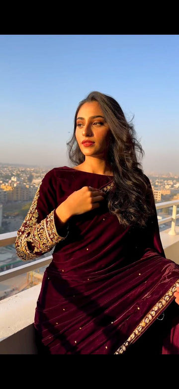 Premium Pure Velvet Saree with Embroidered Lace Border and Moti Detailing