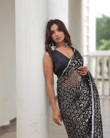 Embroidered Georgette Saree with Sequin Detailing and Cotton Thread Work