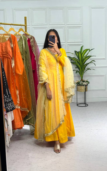 Blooming Vichitra Full Flair Gown Set with Embroidered Dupatta & Micron Cotton Pants (Yellow)