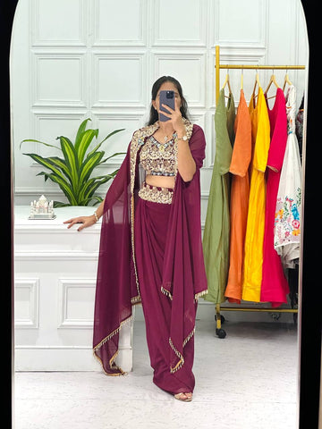 Embroidered Georgette Sarara Set with Plazo, Blouse & Shrug – Classic Elegance