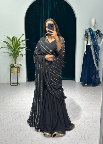 Traditional Lehenga Saree Set with Full Embroidery & Faux Georgette Blouse (Black)