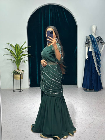 Traditional Lehenga Saree Set with Full Embroidery & Faux Georgette Blouse (Green)
