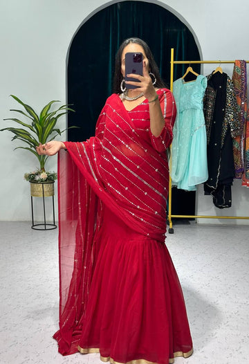 Traditional Lehenga Saree Set with Full Embroidery & Faux Georgette Blouse (Red)