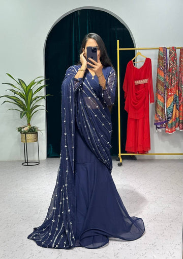 Traditional Lehenga Saree Set with Full Embroidery & Faux Georgette Blouse (Blue)