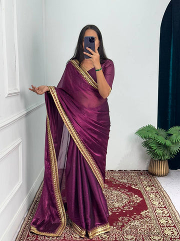 Elegant Burberry Saree with Foil & Zari Embroidery and Crystal Diamond Accents (Maroon)