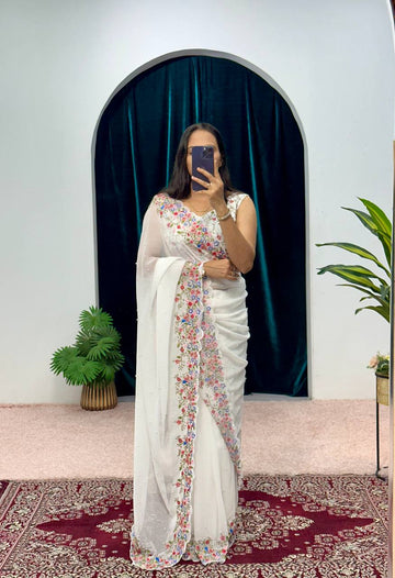 Premium Embroidered Faux Georgette Saree with Traditional Handwork Border (White)