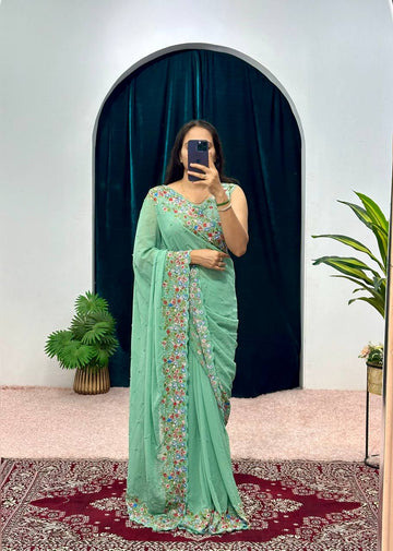 Premium Embroidered Faux Georgette Saree with Traditional Handwork Border (Green)