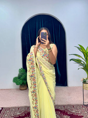 Premium Embroidered Faux Georgette Saree with Traditional Handwork Border (Light Yellow)