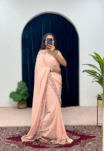 Premium Embroidered Faux Georgette Saree with Traditional Handwork Border (Peach)