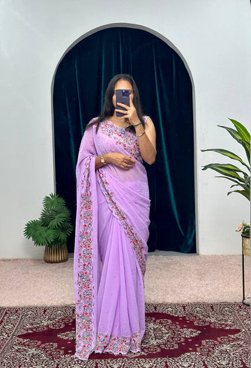 Premium Embroidered Faux Georgette Saree with Traditional Handwork Border (Purple)