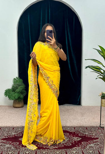 Premium Embroidered Faux Georgette Saree with Traditional Handwork Border (Yellow)