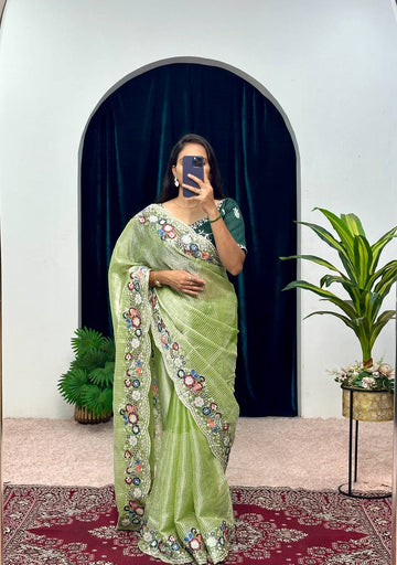 Traditional Blooming Rangoli Saree with Pearl Work & Cut Border (Green)