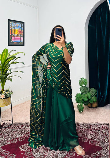 Rangoli Pleated Gown with Foil Printed Dupatta & Attached Pallu (Green)