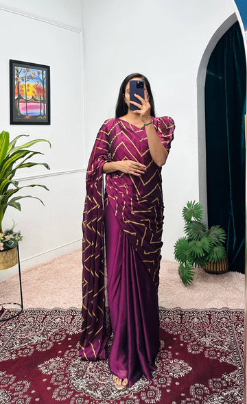 Rangoli Pleated Gown with Foil Printed Dupatta & Attached Pallu (Purple)