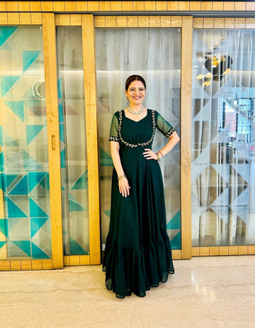 Embroidered Faux Georgette Gown with Ruffle Flair & Matching Koti (Green)