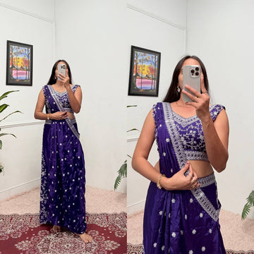 Embroidered Chinon Palazzo Set with Blouse & Dupatta