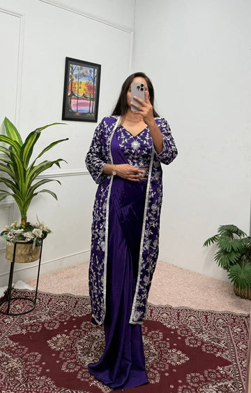 Traditional Chinon Silk Saree with Heavy Embroidery Blouse & Koti (Blue)