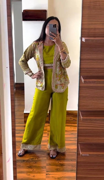 Elegant Chinon Embroidery Ensemble with Moti Lace and Plazzo (Yellow)