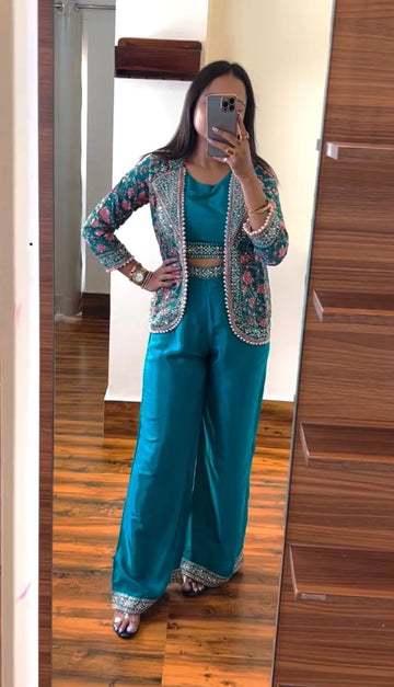 Elegant Chinon Embroidery Ensemble with Moti Lace and Plazzo (Sky Blue)