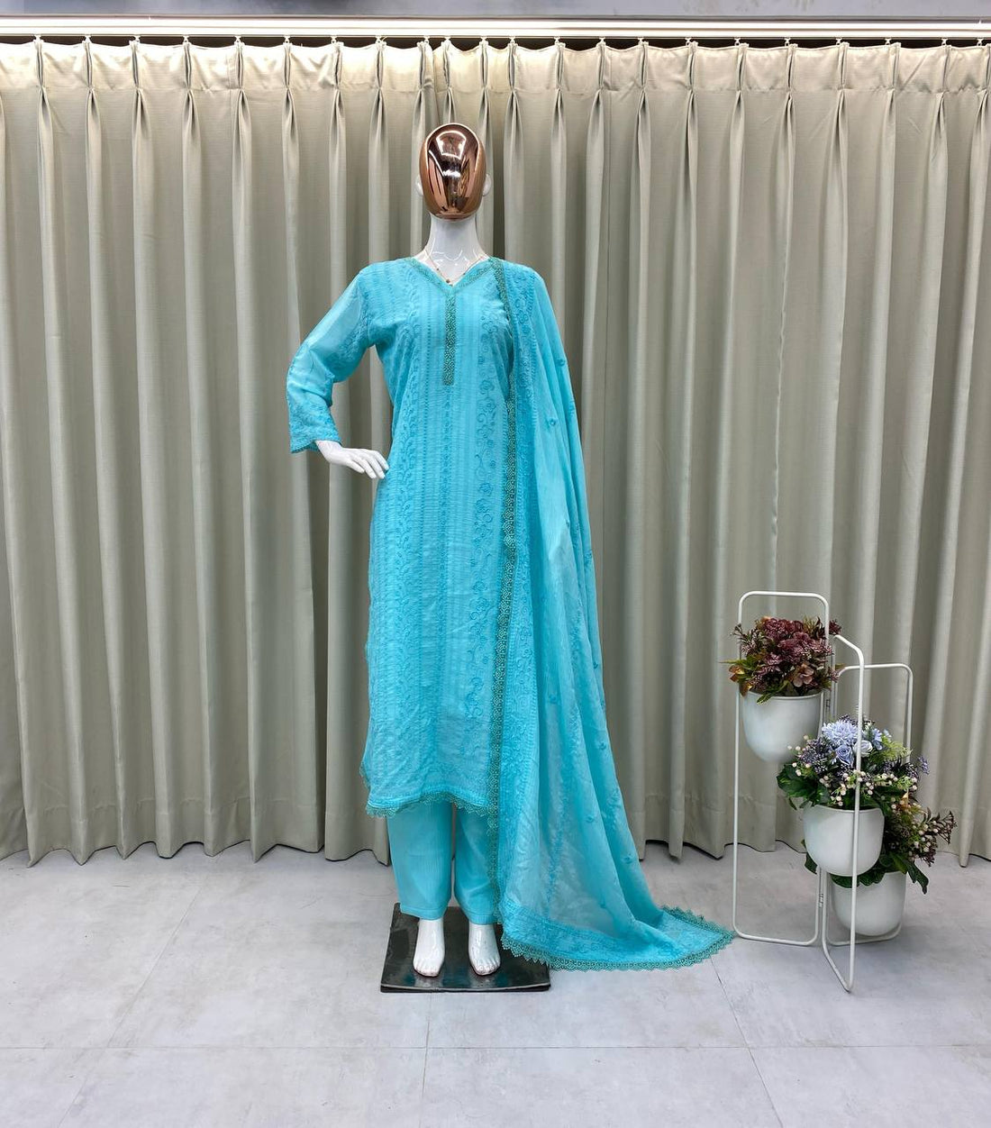 Running Wear Trending Chinin Top Cotton Thread Embroidered Work And Plazo With Dupatta