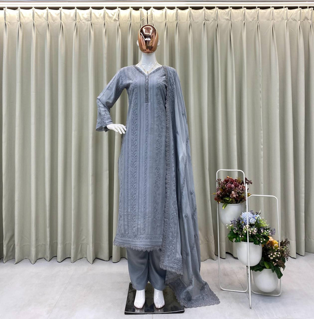 Running Wear Trending Chinin Top Cotton Thread Embroidered Work And Plazo With Dupatta
