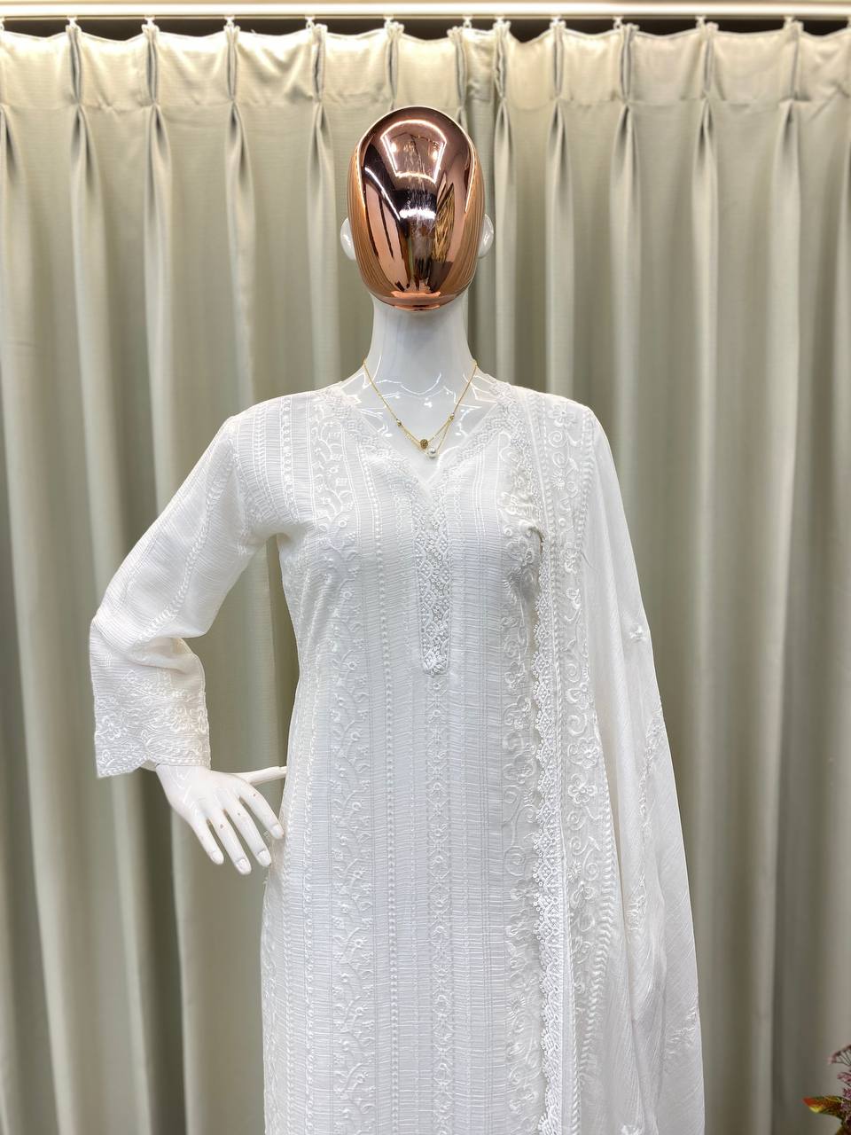 Running Wear Trending Chinin Top Cotton Thread Embroidered Work And Plazo With Dupatta
