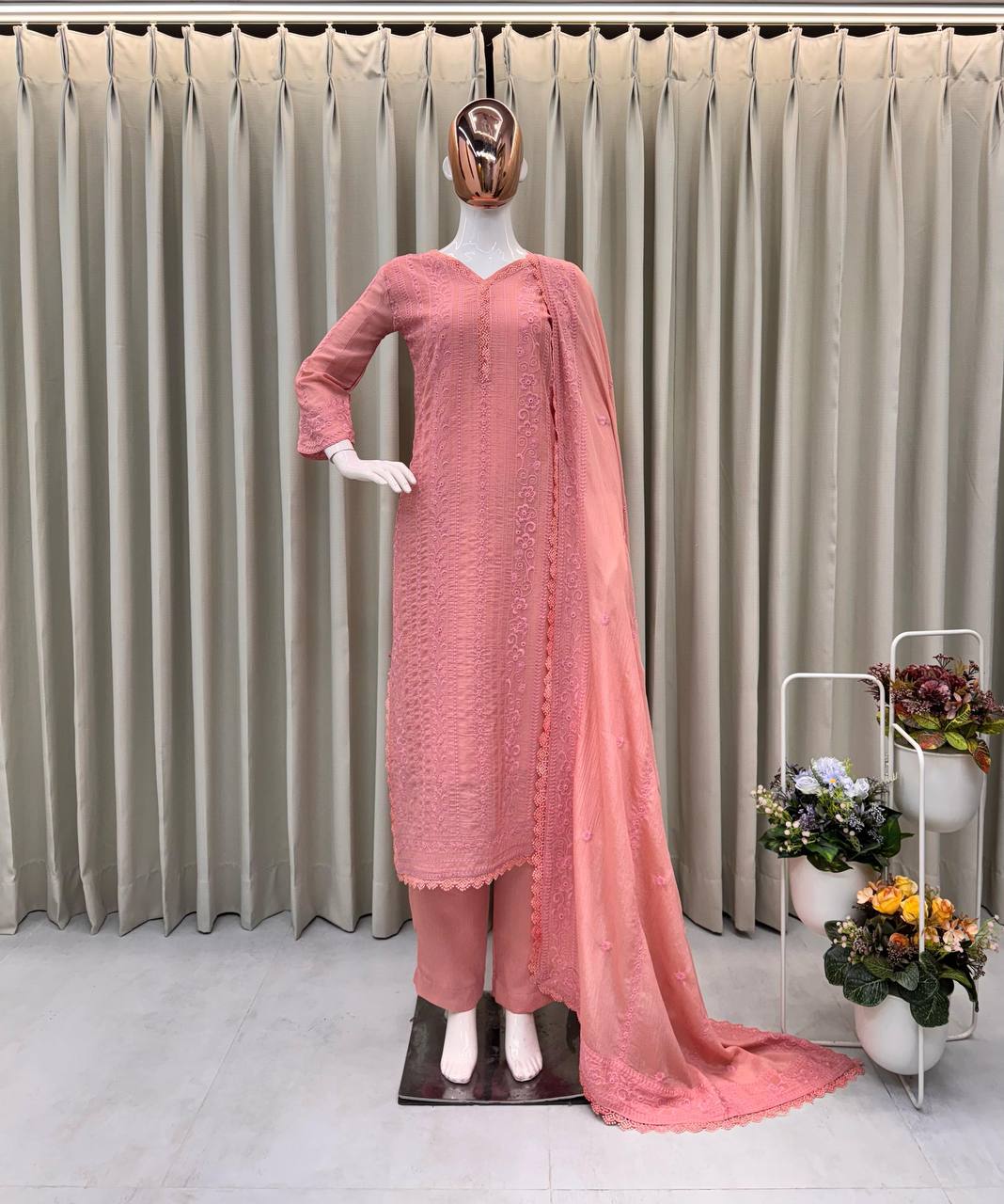 Running Wear Trending Chinin Top Cotton Thread Embroidered Work And Plazo With Dupatta