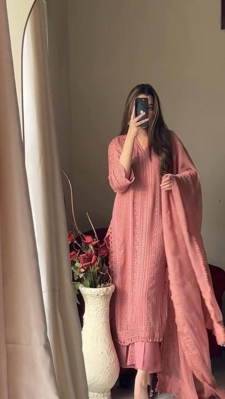Running Wear Trending Chinin Top Cotton Thread Embroidered Work And Plazo With Dupatta