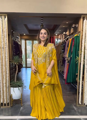 Running wear trending creap silk top sequence embroidery work and sarara with shurg