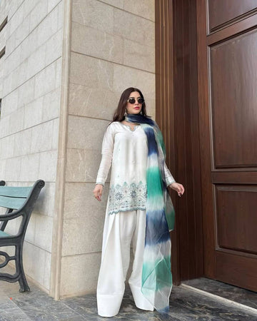 Designer Wear Exclusive Farsi Salwar Suit in Roman Silk with Embroidered Detailing