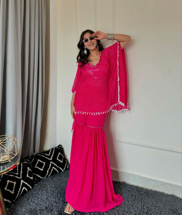 Georgette Sarara with Embroidered Sequin Blouse & Printed Shrug (Pink)