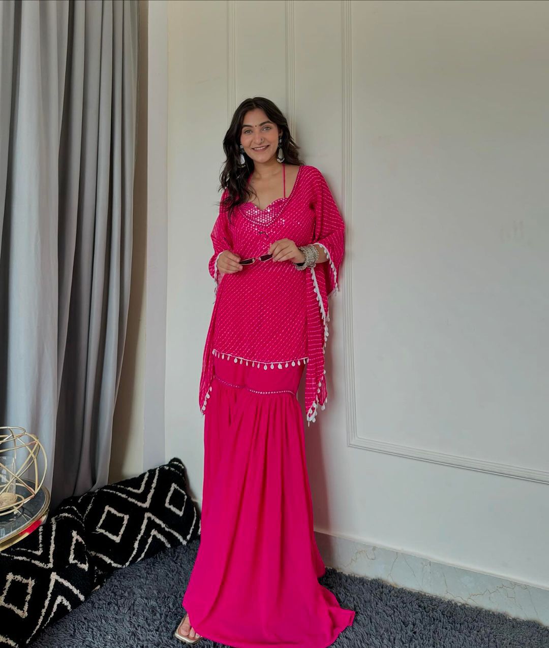 Georgette Sarara with Embroidered Sequin Blouse & Printed Shrug (Pink)