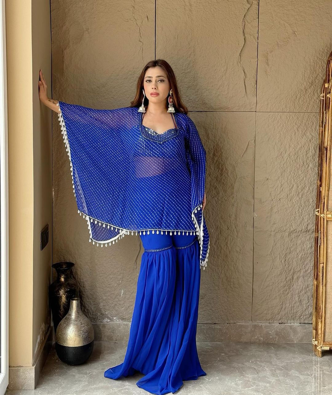 Georgette Sarara with Embroidered Sequin Blouse & Printed Shrug (Blue)