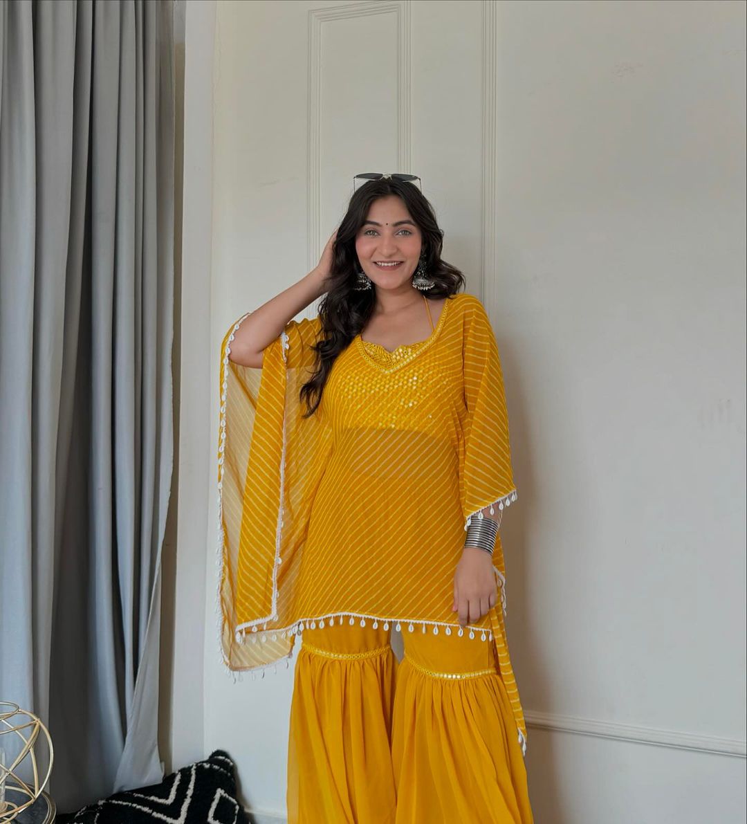 Georgette Sarara with Embroidered Sequin Blouse & Printed Shrug (Yellow)