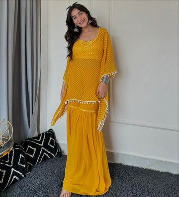 Georgette Sarara with Embroidered Sequin Blouse & Printed Shrug (Yellow)