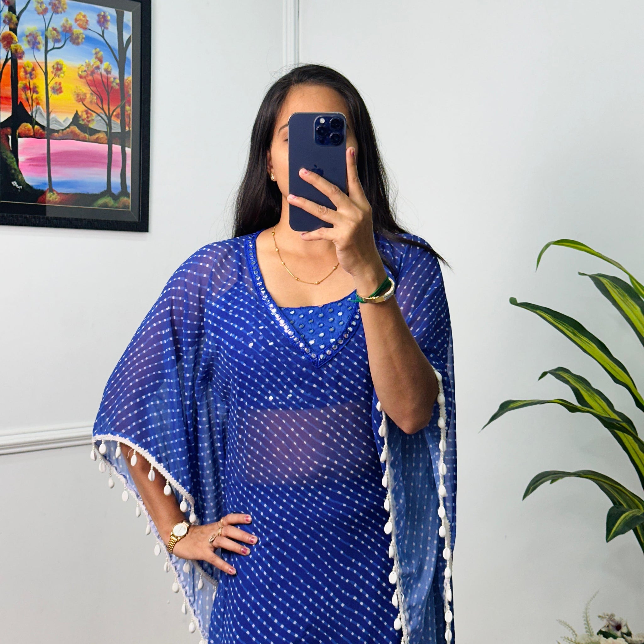 Georgette Sarara with Embroidered Sequin Blouse & Printed Shrug (Blue)