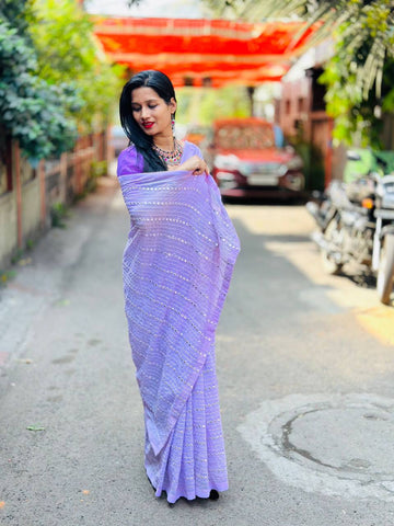 Luxurious Heavy Georgette Saree with Embroidered Thread and Foil Mirror Accents