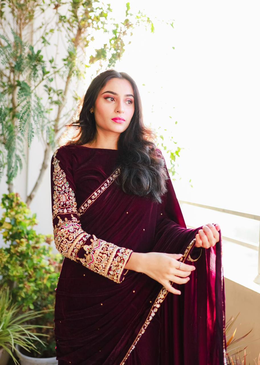 Premium Pure Velvet Saree with Embroidered Lace Border and Moti Detailing