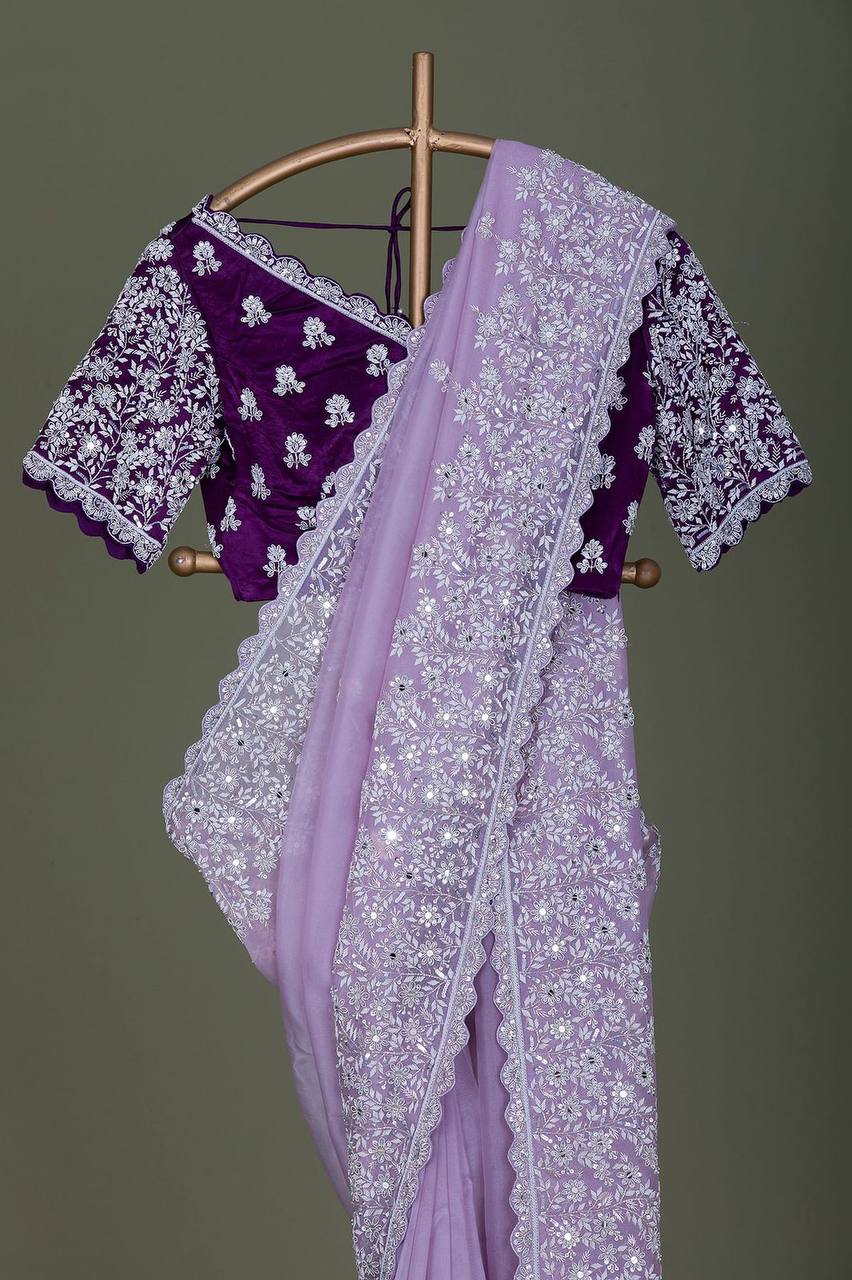Handcrafted Organza Silk Saree with Cotton Thread Embroidery & Sequin Work
