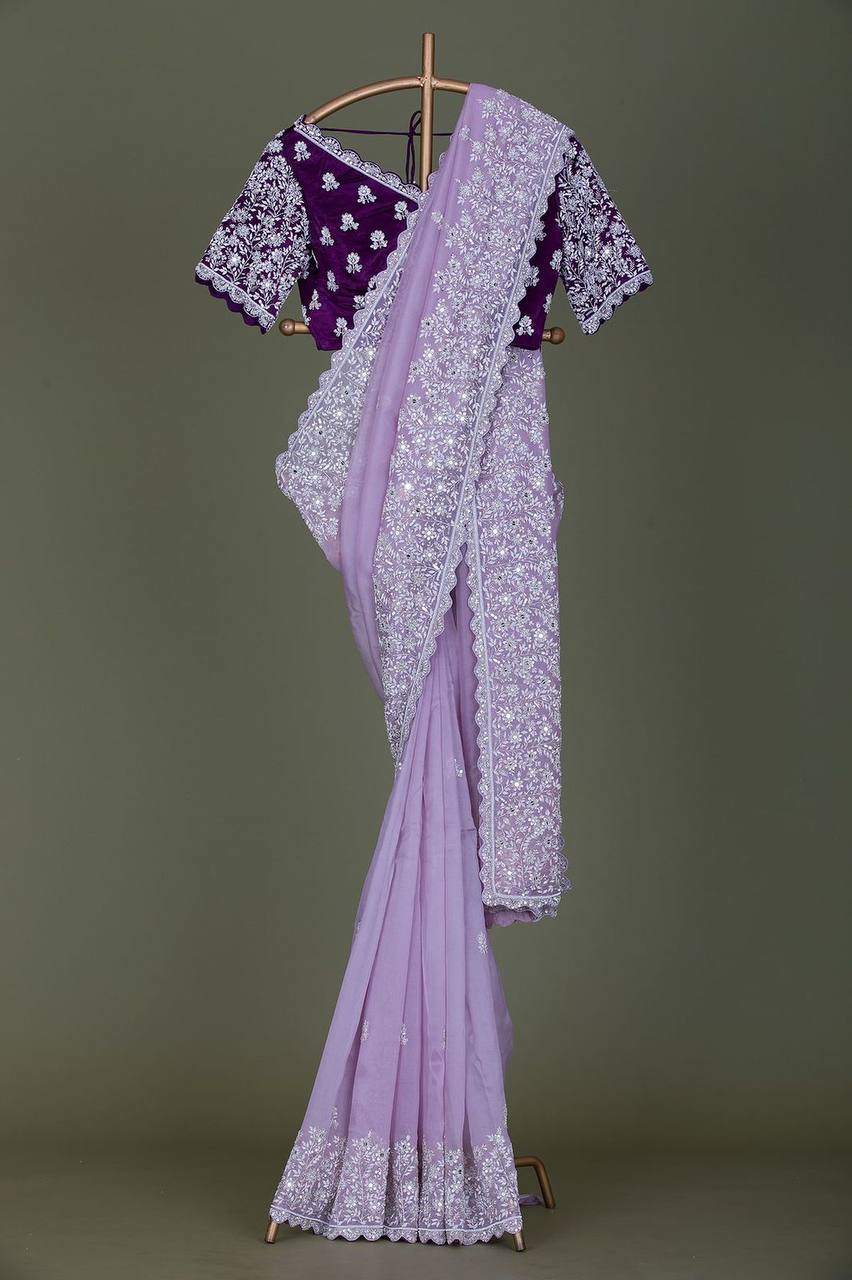 Handcrafted Organza Silk Saree with Cotton Thread Embroidery & Sequin Work