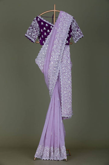 Handcrafted Organza Silk Saree with Cotton Thread Embroidery & Sequin Work
