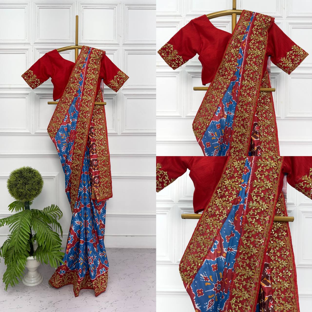 Unstitched Satin Saree with Sequins & Embroidered Gotapati Details