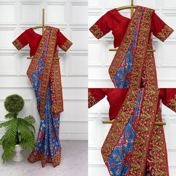 Unstitched Satin Saree with Sequins & Embroidered Gotapati Details