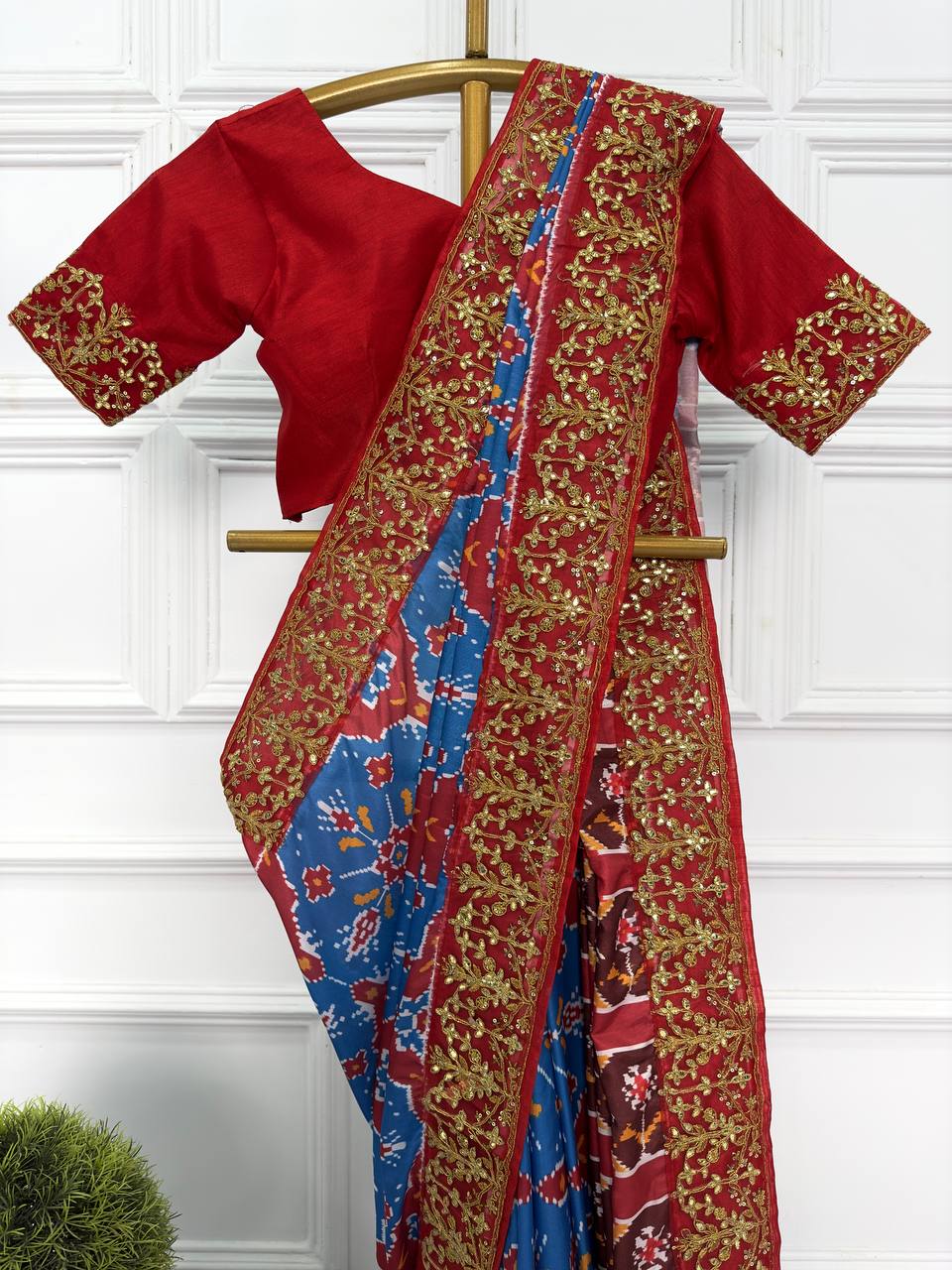 Unstitched Satin Saree with Sequins & Embroidered Gotapati Details