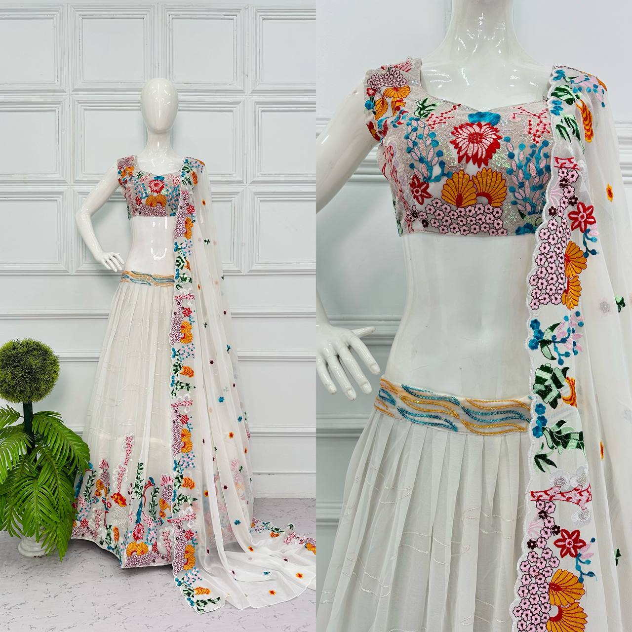 Elegant Georgette Lehenga with Full Embroidery Work (White)