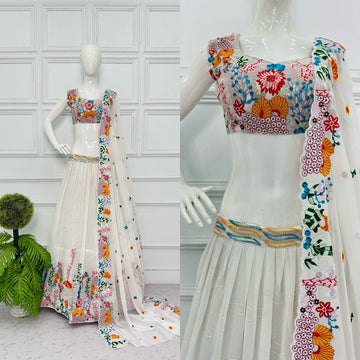 Elegant Georgette Lehenga with Full Embroidery Work (White)