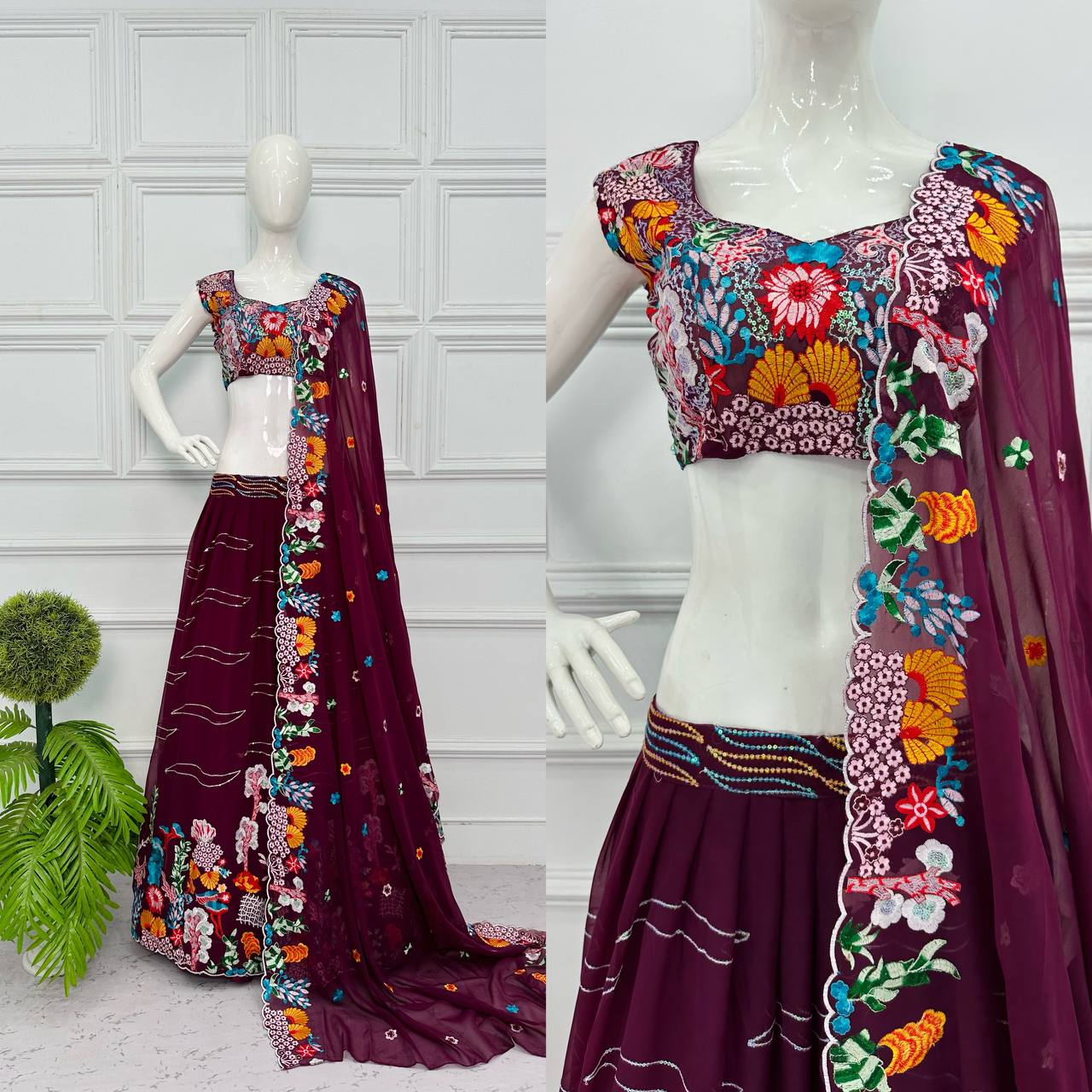 Elegant Georgette Lehenga with Full Embroidery Work (Maroon)
