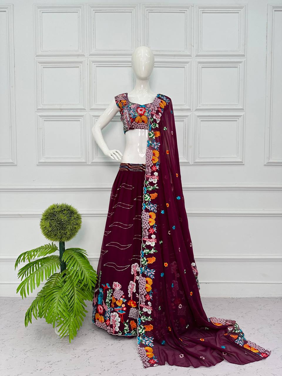 Elegant Georgette Lehenga with Full Embroidery Work (Maroon)